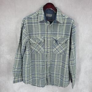 David Taylor Shirt Mens Medium Blue Plaid Button Up Flannel Long Sleeve Pocket *